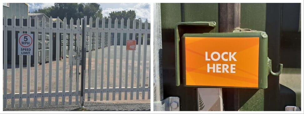 A collage of the Easy Storage fence signage and "Lock Here" signage.